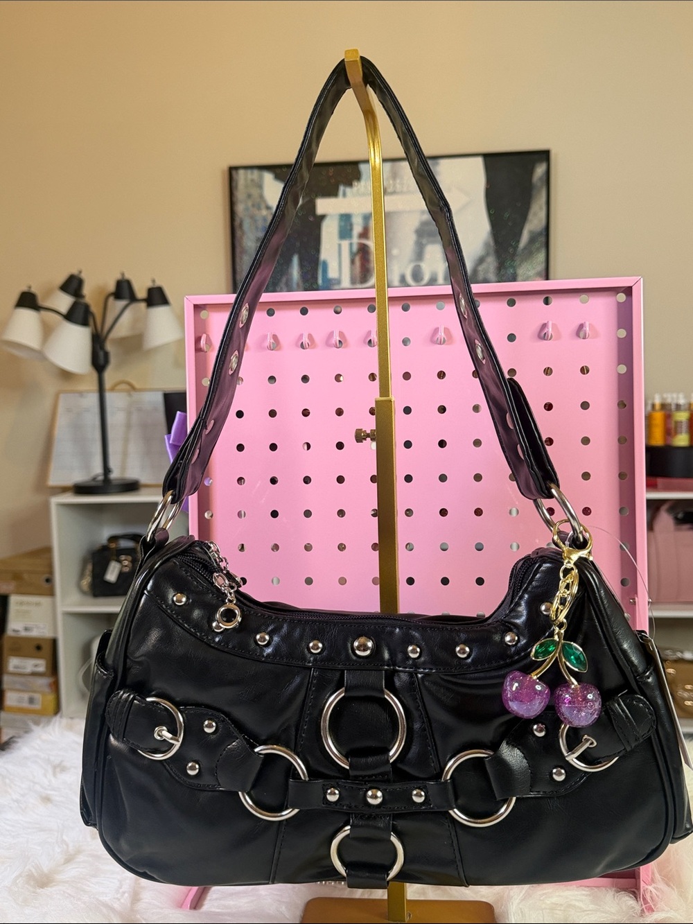 Black Studded Shoulder Bag with Cherry Charm